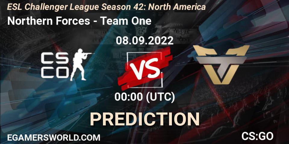 Prognose für das Spiel Northern Forces VS Team One. 16.09.2022 at 00:00. Counter-Strike (CS2) - ESL Challenger League Season 42: North America