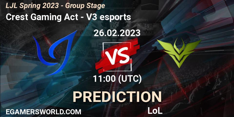 Prognose für das Spiel Crest Gaming Act VS V3 esports. 26.02.2023 at 11:00. LoL - LJL Spring 2023 - Group Stage