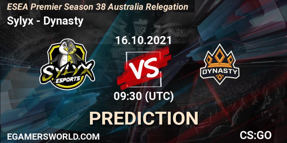 Prognose für das Spiel Sylyx VS Dynasty. 16.10.2021 at 09:30. Counter-Strike (CS2) - ESEA Premier Season 38 Australia Relegation