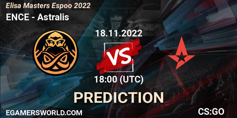 Prognose für das Spiel ENCE VS Astralis. 18.11.2022 at 18:15. Counter-Strike (CS2) - Elisa Masters Espoo 2022