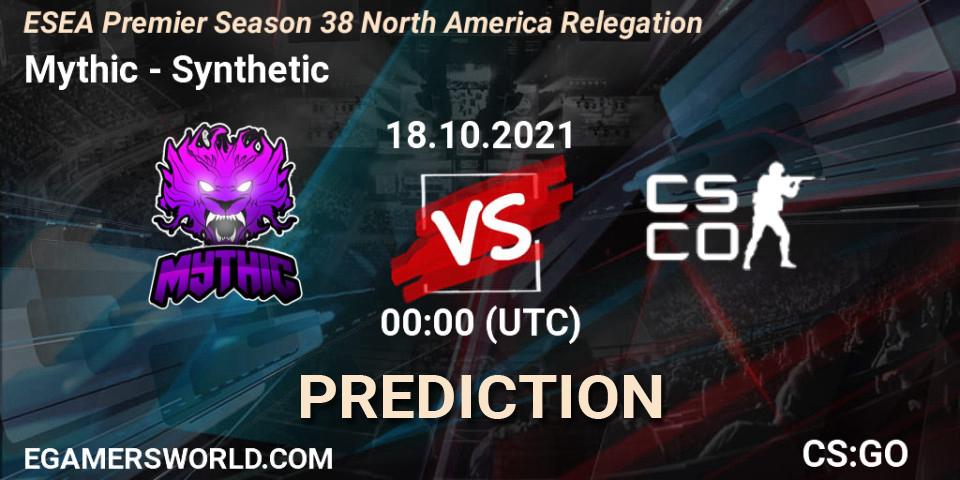 Prognose für das Spiel Mythic VS Synthetic. 18.10.2021 at 00:00. Counter-Strike (CS2) - ESEA Premier Season 38 North America Relegation