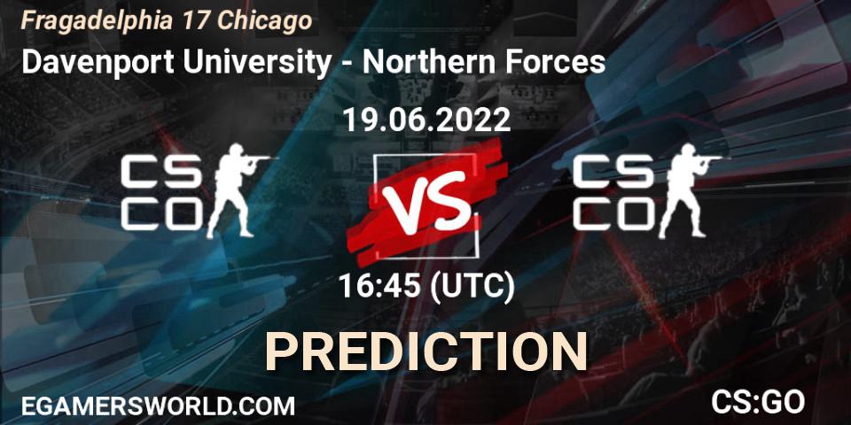 Prognose für das Spiel Davenport University VS Northern Forces. 19.06.2022 at 17:00. Counter-Strike (CS2) - Fragadelphia 17 Chicago