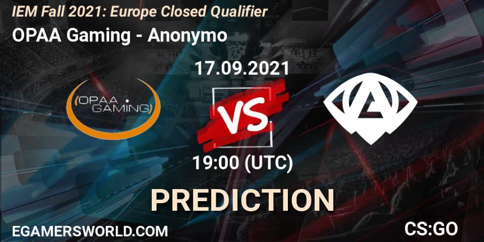 Prognose für das Spiel OPAA Gaming VS Anonymo. 17.09.2021 at 19:00. Counter-Strike (CS2) - IEM Fall 2021: Europe Closed Qualifier