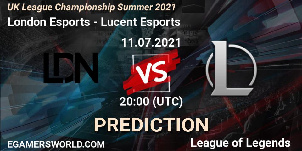 Prognose für das Spiel London Esports VS Lucent Esports. 11.07.2021 at 20:10. LoL - UK League Championship Summer 2021