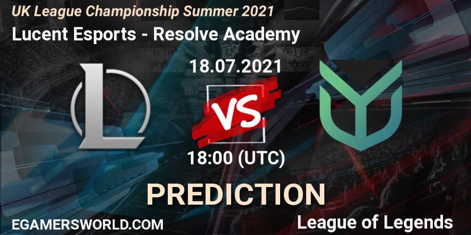 Prognose für das Spiel Lucent Esports VS Resolve Academy. 18.07.2021 at 18:45. LoL - UK League Championship Summer 2021