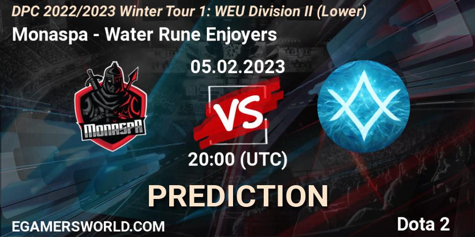 Prognose für das Spiel Monaspa VS Water Rune Enjoyers. 05.02.23. Dota 2 - DPC 2022/2023 Winter Tour 1: WEU Division II (Lower)