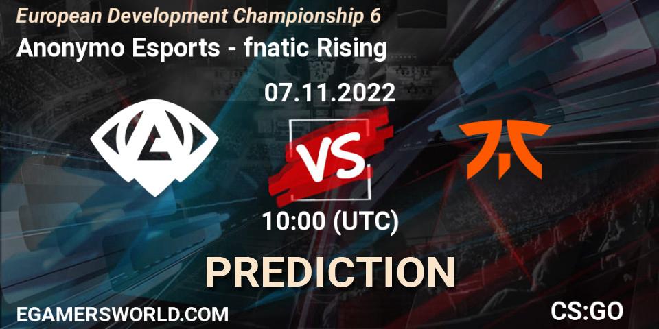 Prognose für das Spiel Anonymo Esports VS fnatic Rising. 07.11.2022 at 10:00. Counter-Strike (CS2) - European Development Championship Season 6
