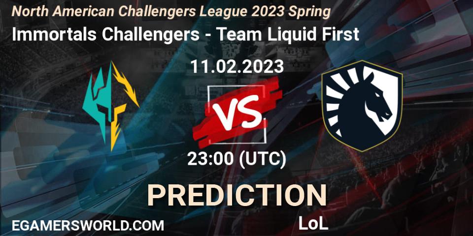 Prognose für das Spiel Immortals Challengers VS Team Liquid First. 11.02.2023 at 23:15. LoL - NACL 2023 Spring - Group Stage