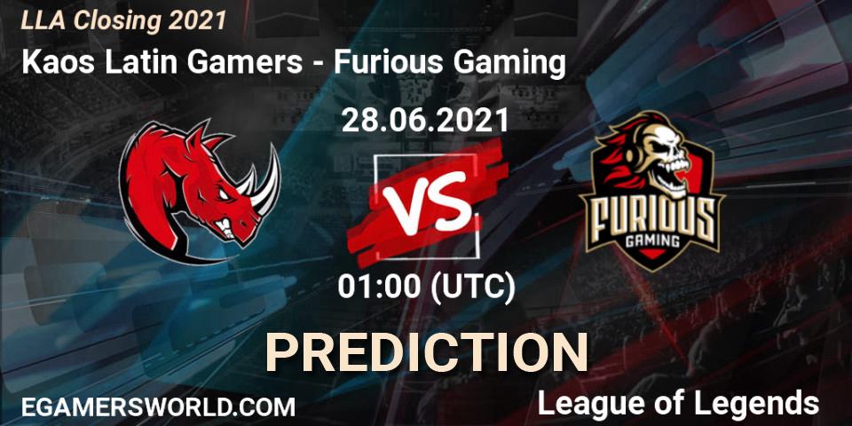 Prognose für das Spiel Kaos Latin Gamers VS Furious Gaming. 28.06.2021 at 01:00. LoL - LLA Closing 2021