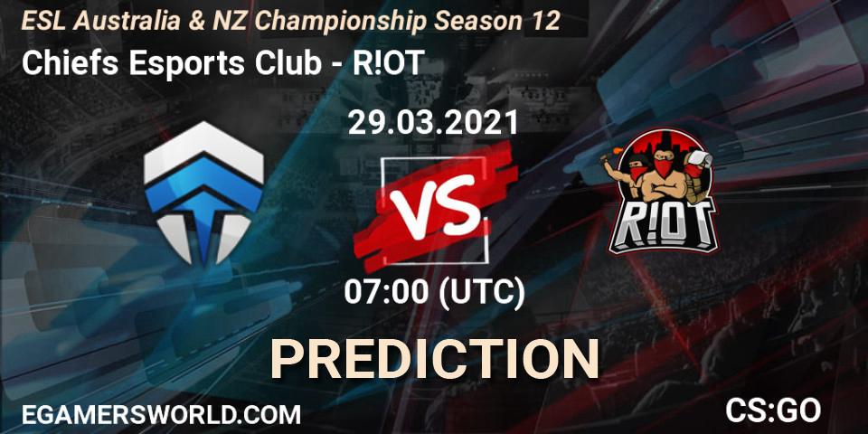 Prognose für das Spiel Chiefs Esports Club VS R!OT. 29.03.2021 at 07:00. Counter-Strike (CS2) - ESL Australia & NZ Championship Season 12