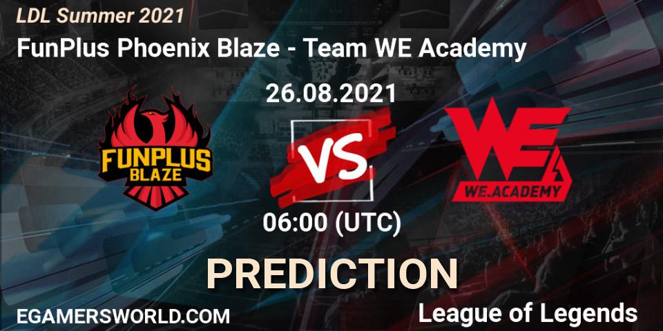 Prognose für das Spiel FunPlus Phoenix Blaze VS Team WE Academy. 26.08.2021 at 06:00. LoL - LDL Summer 2021