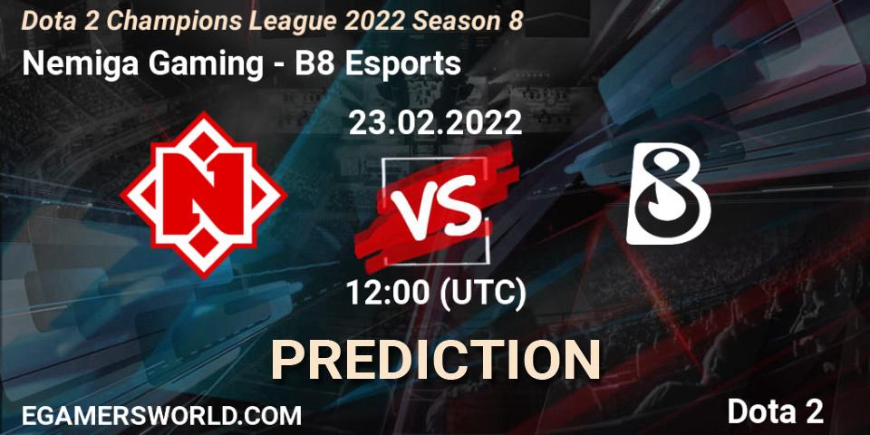 Prognose für das Spiel Nemiga Gaming VS B8 Esports. 23.02.2022 at 12:00. Dota 2 - Dota 2 Champions League 2022 Season 8