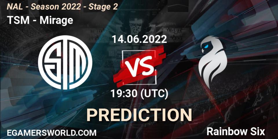 Prognose für das Spiel TSM VS Mirage. 14.06.2022 at 22:30. Rainbow Six - NAL - Season 2022 - Stage 2