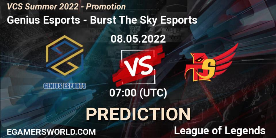 Prognose für das Spiel Genius Esports VS Burst The Sky Esports. 08.05.2022 at 07:00. LoL - VCS Summer 2022 - Promotion