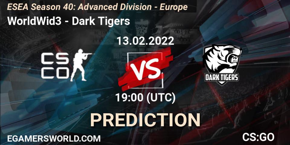 Prognose für das Spiel WorldWid3 VS Dark Tigers. 13.02.2022 at 19:00. Counter-Strike (CS2) - ESEA Season 40: Advanced Division - Europe