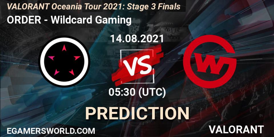 Prognose für das Spiel ORDER VS Wildcard Gaming. 14.08.2021 at 05:30. VALORANT - VALORANT Oceania Tour 2021: Stage 3 Finals