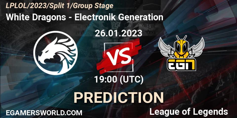 Prognose für das Spiel White Dragons VS Electronik Generation. 26.01.2023 at 19:00. LoL - LPLOL Split 1 2023 - Group Stage