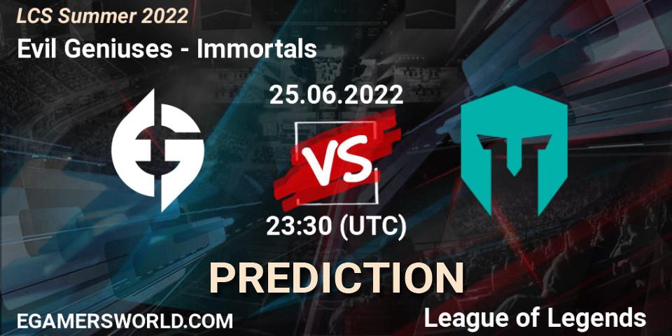 Prognose für das Spiel Evil Geniuses VS Immortals. 25.06.2022 at 23:30. LoL - LCS Summer 2022