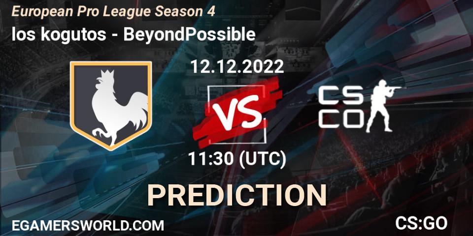 Prognose für das Spiel los kogutos VS BeyondPossible. 12.12.2022 at 11:30. Counter-Strike (CS2) - European Pro League Season 4