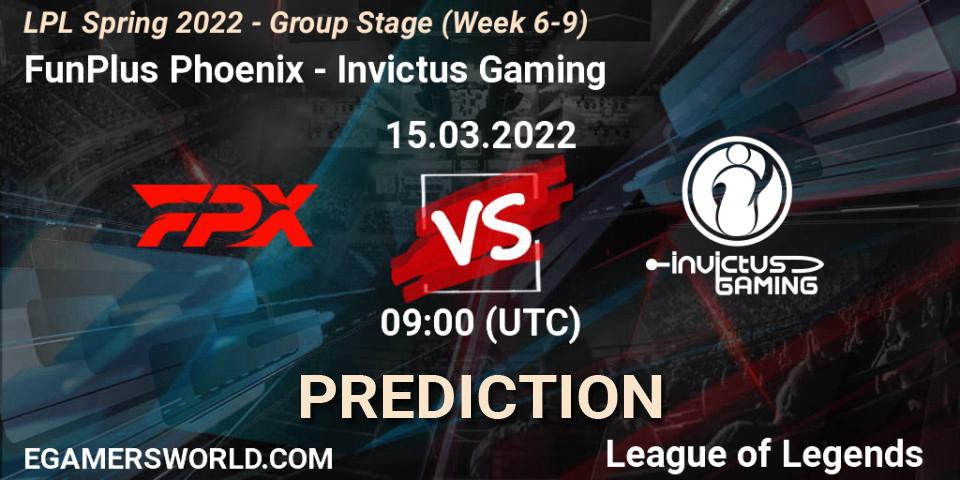 Prognose für das Spiel FunPlus Phoenix VS Invictus Gaming. 15.03.22. LoL - LPL Spring 2022 - Group Stage (Week 6-9)