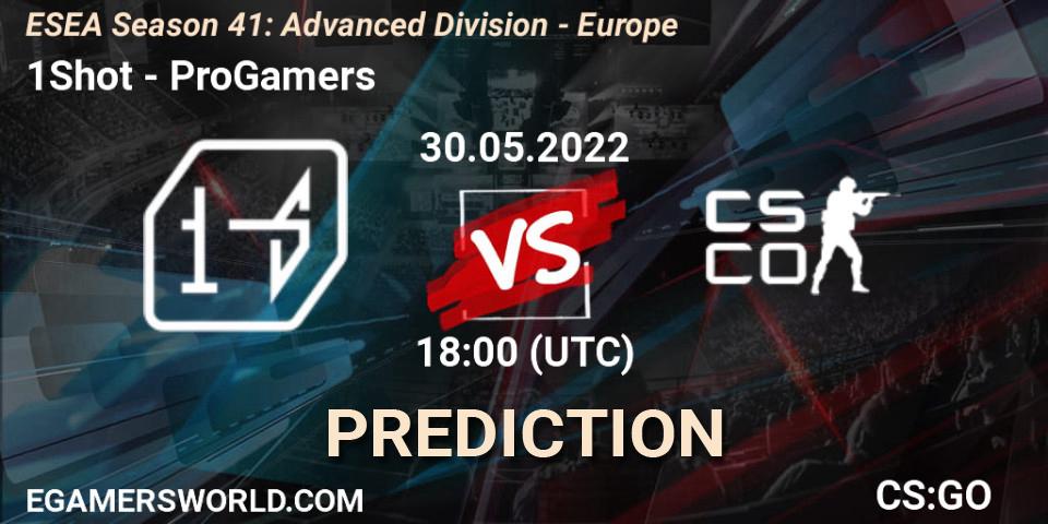 Prognose für das Spiel 1Shot VS ProGamers. 30.05.2022 at 18:00. Counter-Strike (CS2) - ESEA Season 41: Advanced Division - Europe