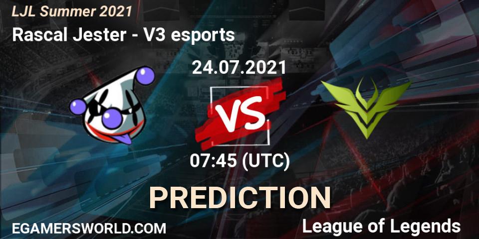 Prognose für das Spiel Rascal Jester VS V3 esports. 24.07.2021 at 07:45. LoL - LJL Summer 2021