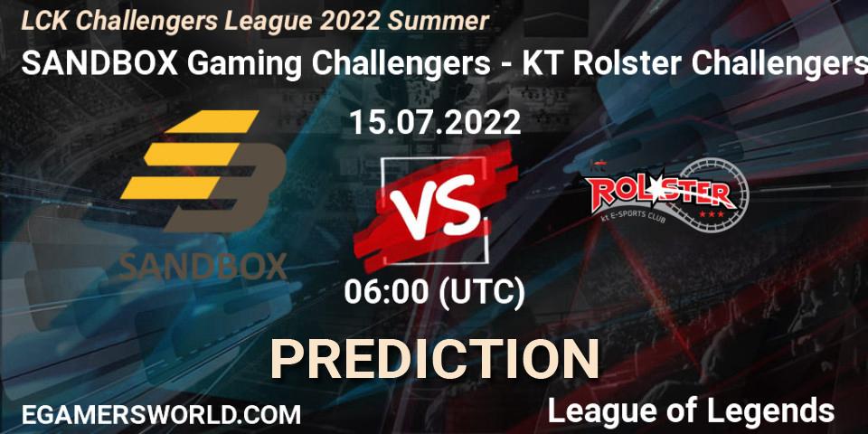 Prognose für das Spiel SANDBOX Gaming Challengers VS KT Rolster Challengers. 15.07.2022 at 06:00. LoL - LCK Challengers League 2022 Summer