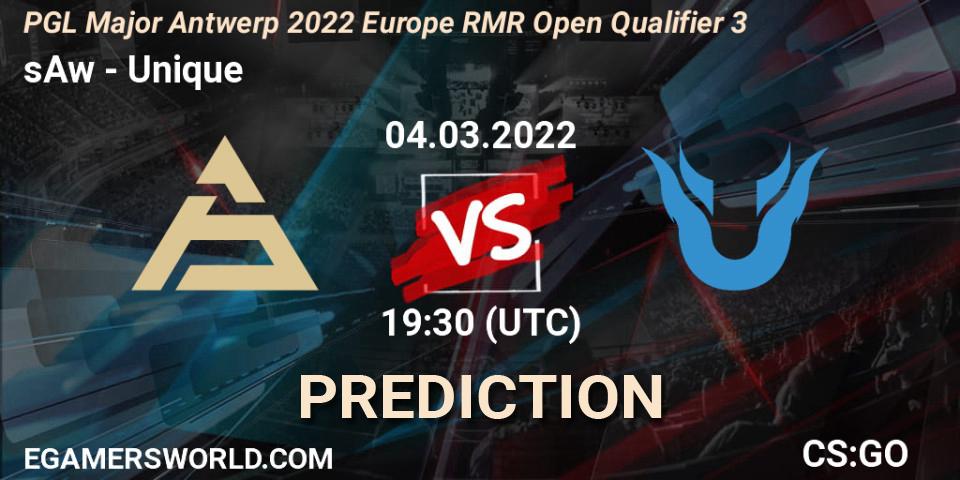 Prognose für das Spiel sAw VS Unique. 04.03.2022 at 19:30. Counter-Strike (CS2) - PGL Major Antwerp 2022 Europe RMR Open Qualifier 3