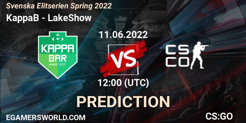 Prognose für das Spiel KappaB VS LakeShow. 11.06.2022 at 13:00. Counter-Strike (CS2) - Svenska Elitserien Spring 2022