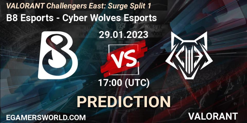 Prognose für das Spiel B8 Esports VS Cyber Wolves Esports. 29.01.23. VALORANT - VALORANT Challengers 2023 East: Surge Split 1