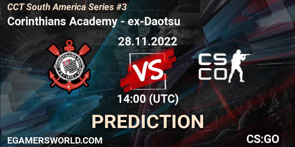 Prognose für das Spiel Corinthians Academy VS ex-Daotsu. 28.11.2022 at 14:10. Counter-Strike (CS2) - CCT South America Series #3