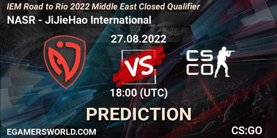 Prognose für das Spiel NASR VS JiJieHao International. 27.08.2022 at 18:00. Counter-Strike (CS2) - IEM Road to Rio 2022 Middle East Closed Qualifier