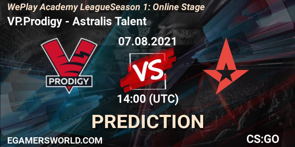 Prognose für das Spiel VP.Prodigy VS Astralis Talent. 07.08.2021 at 14:00. Counter-Strike (CS2) - WePlay Academy League Season 1: Online Stage