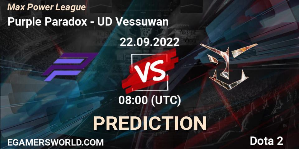 Prognose für das Spiel Purple Paradox VS UD Vessuwan. 22.09.2022 at 08:14. Dota 2 - Max Power League