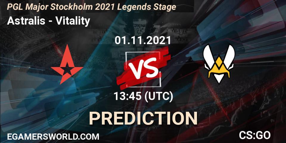 Prognose für das Spiel Astralis VS Vitality. 01.11.2021 at 13:15. Counter-Strike (CS2) - PGL Major Stockholm 2021 Legends Stage
