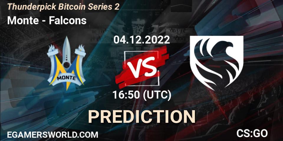 Prognose für das Spiel Monte VS Falcons. 04.12.2022 at 17:15. Counter-Strike (CS2) - Thunderpick Bitcoin Series 2