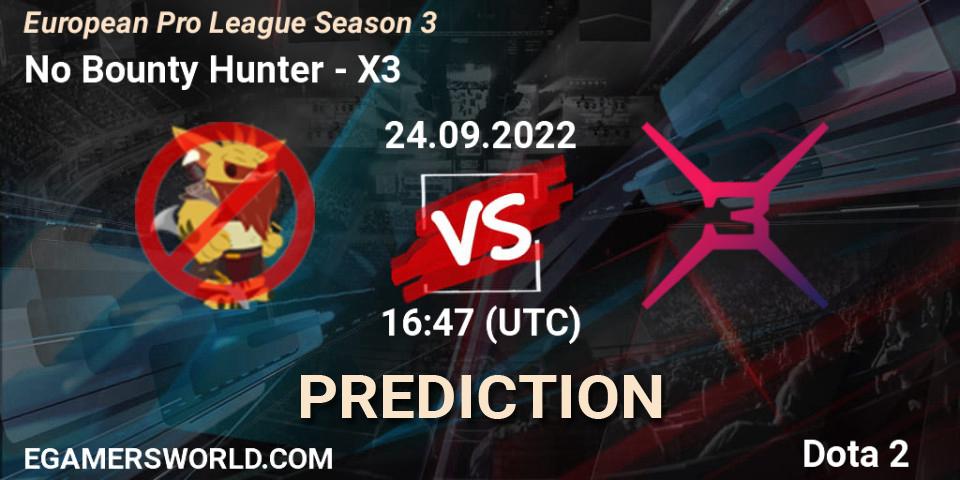 Prognose für das Spiel No Bounty Hunter VS X3. 24.09.2022 at 16:47. Dota 2 - European Pro League Season 3 