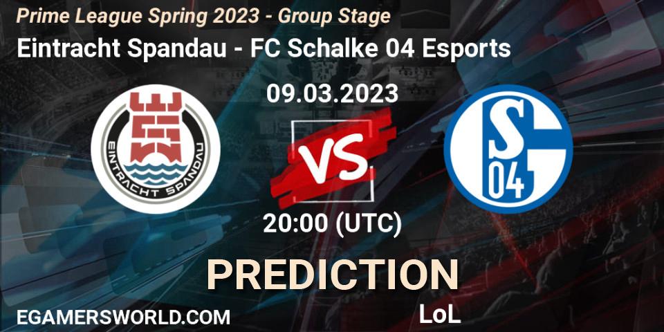 Prognose für das Spiel Eintracht Spandau VS FC Schalke 04 Esports. 09.03.2023 at 19:00. LoL - Prime League Spring 2023 - Group Stage