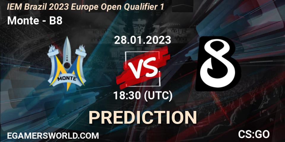 Prognose für das Spiel Monte VS B8. 28.01.2023 at 18:30. Counter-Strike (CS2) - IEM Brazil Rio 2023 Europe Open Qualifier 1