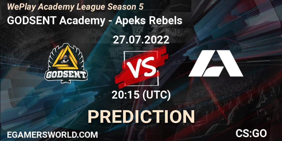 Prognose für das Spiel GODSENT Academy VS Apeks Rebels. 27.07.2022 at 20:15. Counter-Strike (CS2) - WePlay Academy League Season 5
