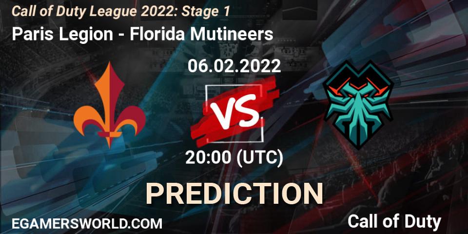 Prognose für das Spiel Paris Legion VS Florida Mutineers. 06.02.22. Call of Duty - Call of Duty League 2022: Stage 1
