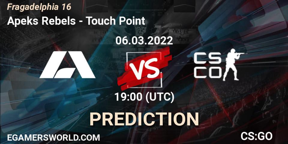 Prognose für das Spiel Apeks Rebels VS Touch Point. 06.03.2022 at 19:25. Counter-Strike (CS2) - Fragadelphia 16