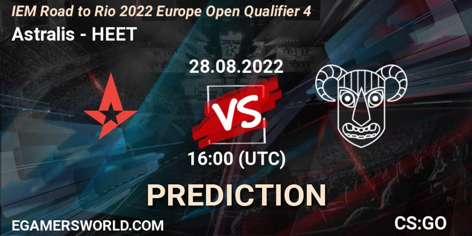 Prognose für das Spiel Astralis VS HEET. 28.08.2022 at 16:00. Counter-Strike (CS2) - IEM Road to Rio 2022 Europe Open Qualifier 4