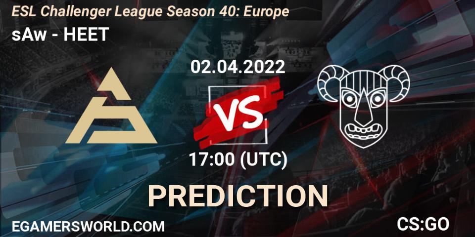 Prognose für das Spiel sAw VS HEET. 02.04.2022 at 17:00. Counter-Strike (CS2) - ESL Challenger League Season 40: Europe