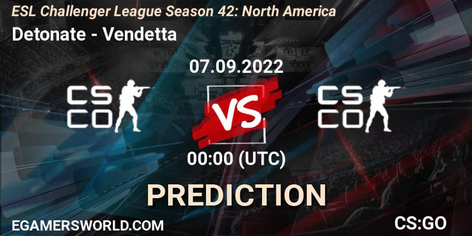Prognose für das Spiel Detonate VS Vendetta. 24.09.2022 at 01:00. Counter-Strike (CS2) - ESL Challenger League Season 42: North America