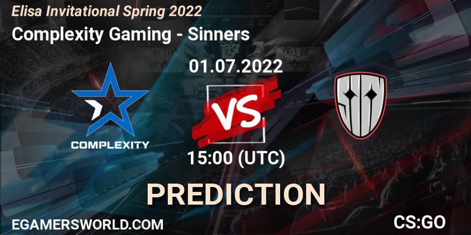 Prognose für das Spiel Complexity Gaming VS Sinners. 01.07.2022 at 15:20. Counter-Strike (CS2) - Elisa Invitational Spring 2022