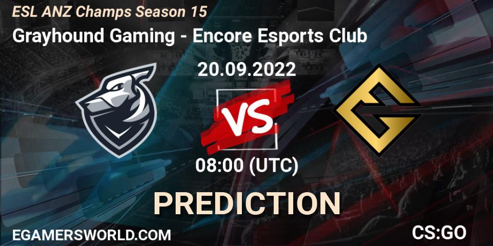 Prognose für das Spiel Grayhound Gaming VS Encore Esports Club. 20.09.2022 at 08:00. Counter-Strike (CS2) - ESL ANZ Champs Season 15