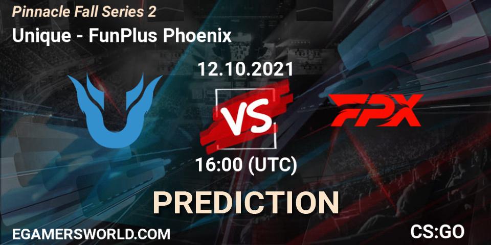 Prognose für das Spiel Unique VS FunPlus Phoenix. 12.10.2021 at 16:00. Counter-Strike (CS2) - Pinnacle Fall Series #2
