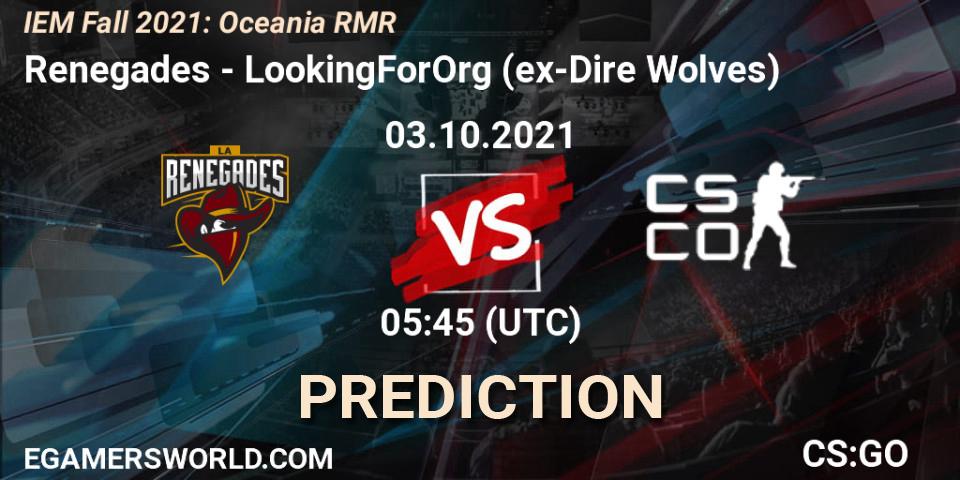 Prognose für das Spiel Renegades VS LookingForOrg (ex-Dire Wolves). 03.10.2021 at 05:45. Counter-Strike (CS2) - IEM Fall 2021: Oceania RMR