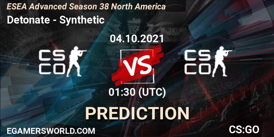 Prognose für das Spiel Detonate VS Synthetic. 05.10.2021 at 01:00. Counter-Strike (CS2) - ESEA Advanced Season 38 North America